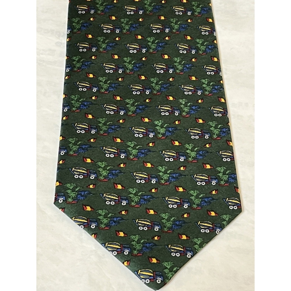 Vintage 40s French Pure Silk Tie  VICAT Construction Pattern Green Multi Cement‎